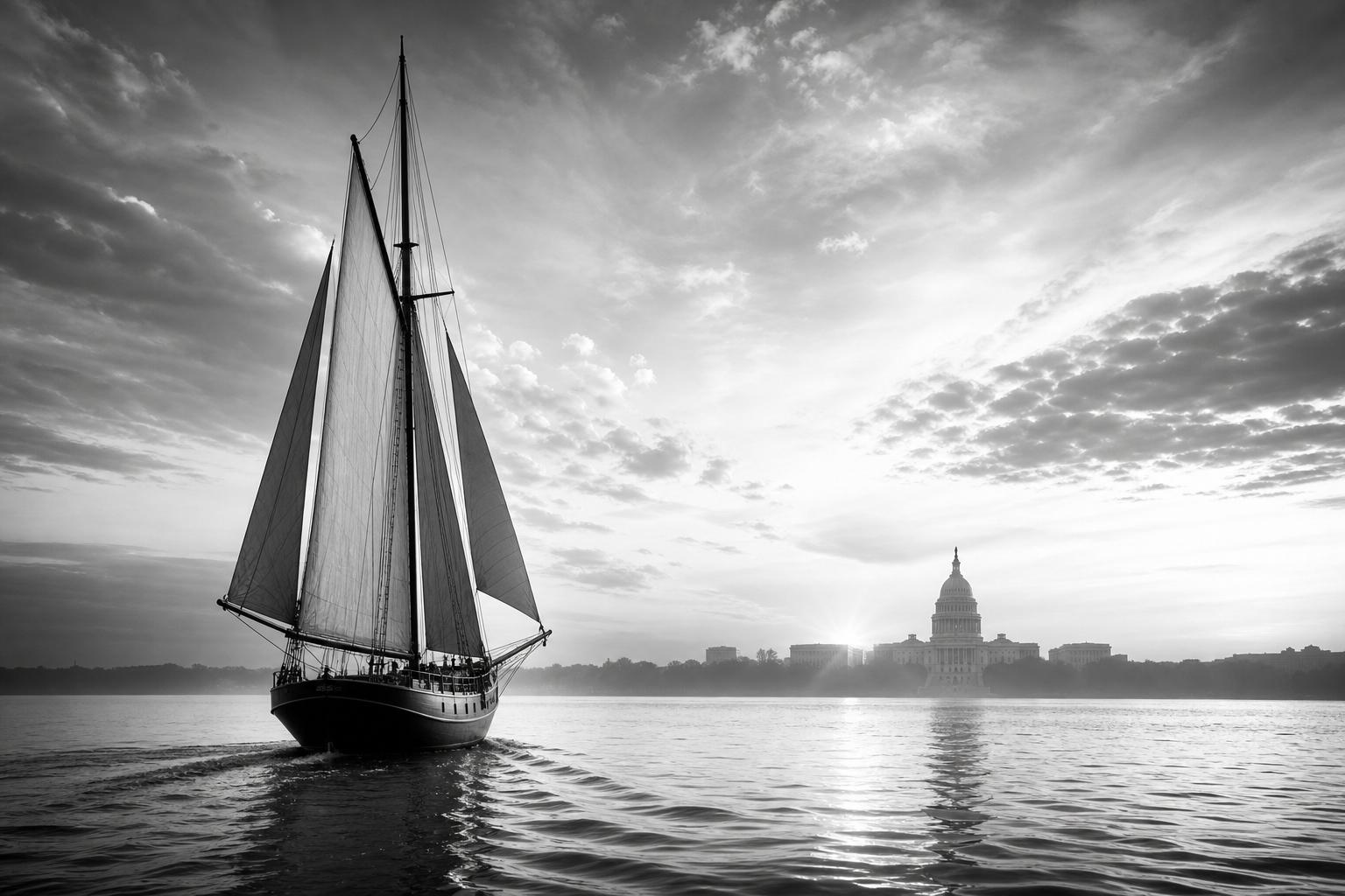 A ship sailing toward the Capitol, symbolizing steady advocacy for sanity in US politics